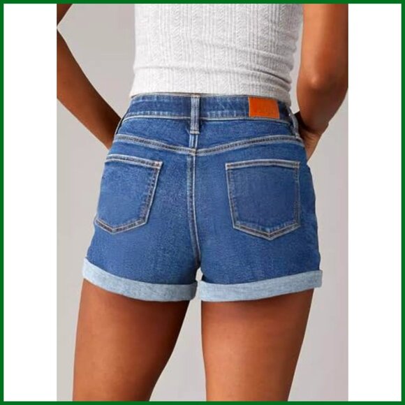 High Waisted Stretchy Denim Shorts with Rolled Hem and Crossover Design - Picture 2 of 7